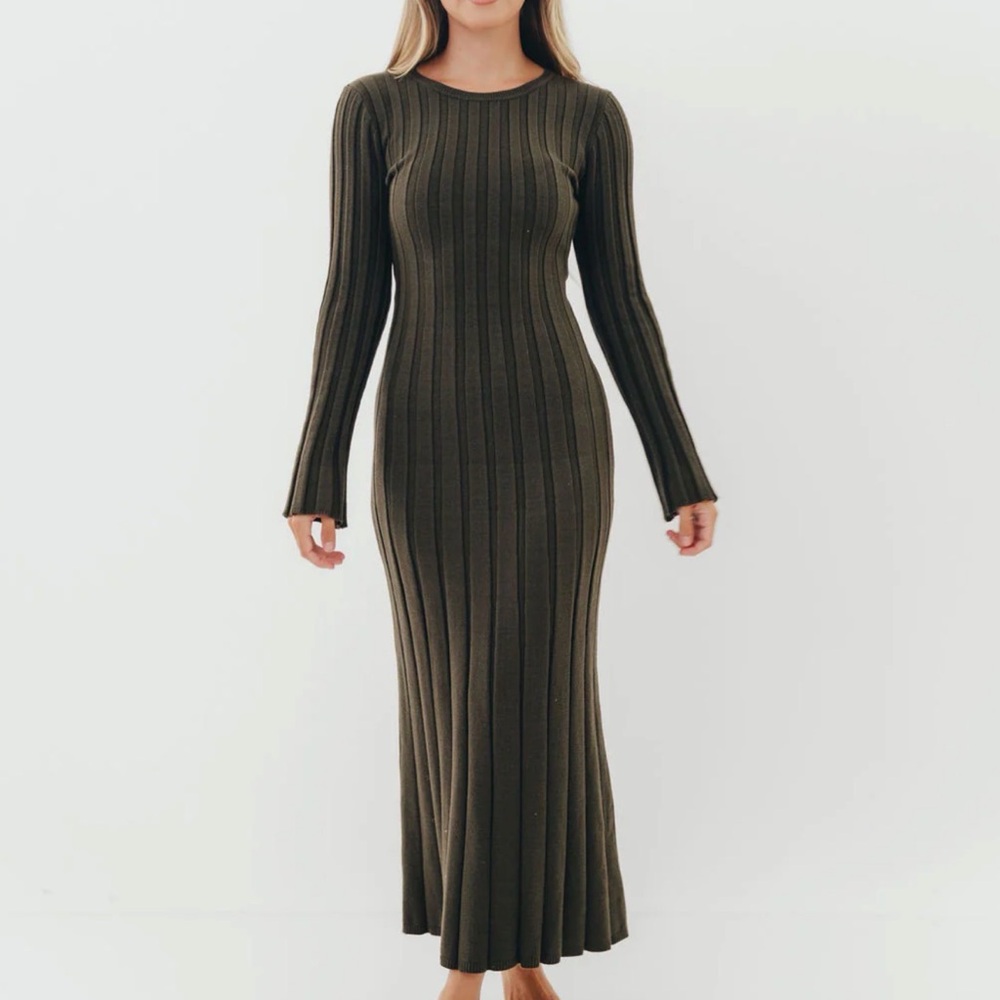 Long Sleeve Ribbed Knit Dress - Olive